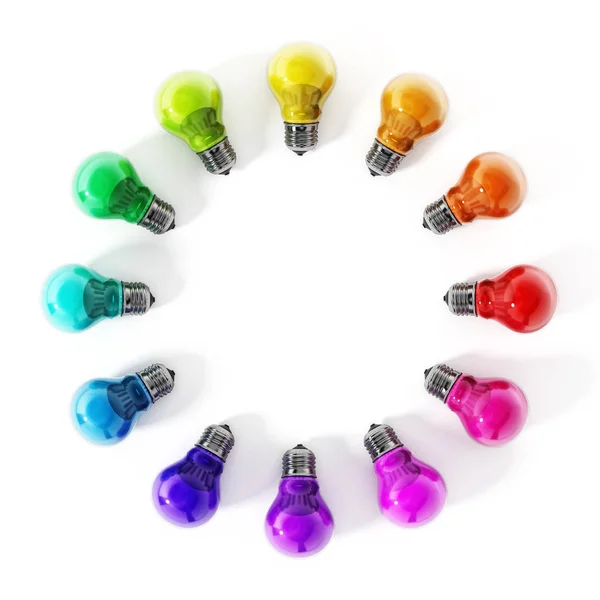 Multi colored lightbulbs in circle formation. 3D illustration — Stock Photo, Image