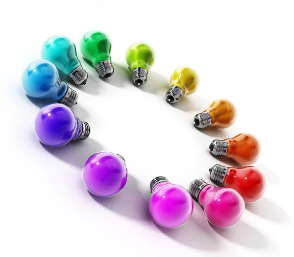Lampadine multicolori in formazione circolare. Illustrazione 3D — Foto Stock