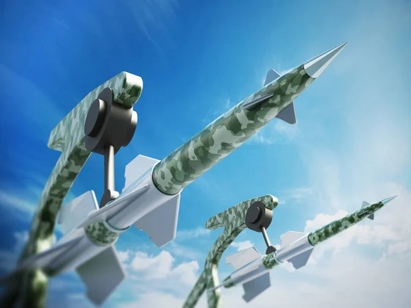Misiles verdes apuntando al cielo. Ilustración 3D — Foto de Stock