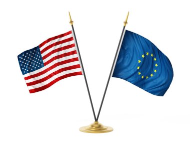 Amerika Birleşik Devletleri ve Avrupa Birliği'nin üstü bayrakları. 3D çizim