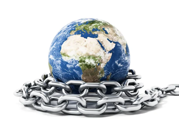 Tierra atada con cadena de acero. Ilustración 3D — Foto de Stock