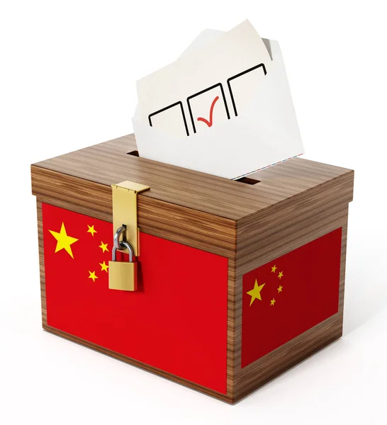 Boîte de scrutin texturée drapeau chinois et enveloppe. Illustration 3D — Photo