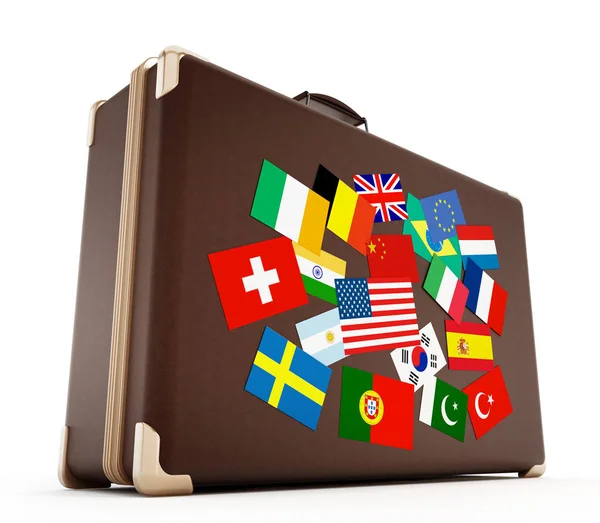 Βαλίτσα με σημαίες χωρών. 3D απεικόνιση — Φωτογραφία Αρχείου