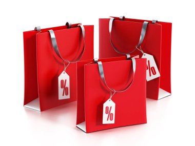 Satılık Etiketler ile kırmızı alışveriş torbaları. 3D çizim