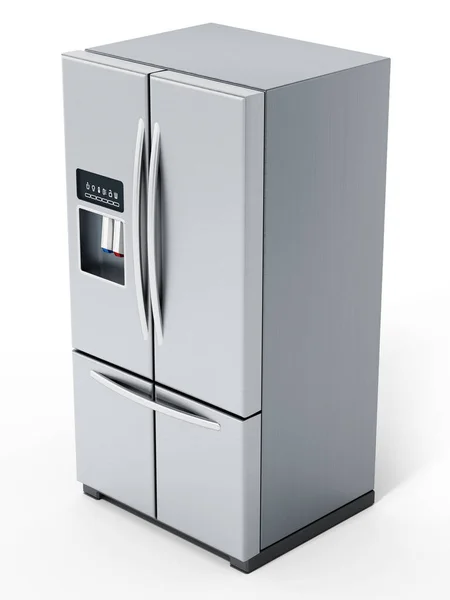 Холодильник из серебра, изолированный на белом фоне. 3D иллюстрация — стоковое фото