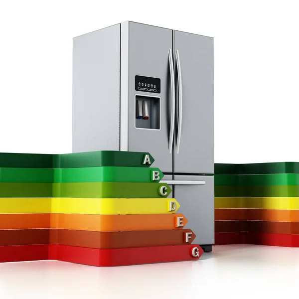 Réfrigérateur argenté générique et tableau des niveaux d'efficacité énergétique. Illustration 3D — Photo