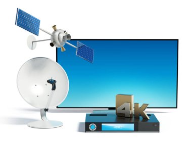 Uydu, çanak, 4 k ultra Hd uydu alıcısı ve Tv. 3d çizim
