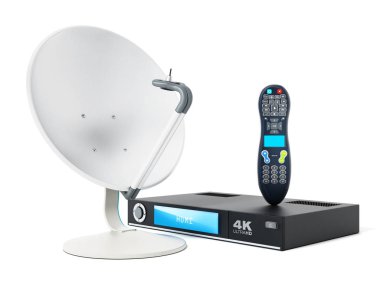 Uydu çanağı, 4 k ultra Hd uydu alıcısı, uzaktan kumanda. 3D çizim