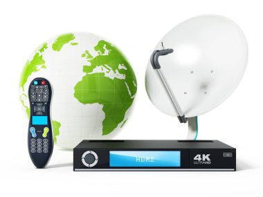 Yemek, 4 k ultra Hd uydu alıcısı, Küre ile uzaktan kumanda. 3D çizim