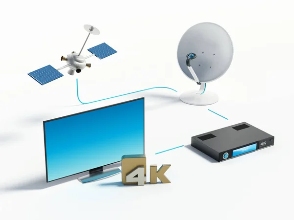 Satellit, maträtt, 4 k ultra Hd-mottagare och Tv. 3d illustration — Stockfoto