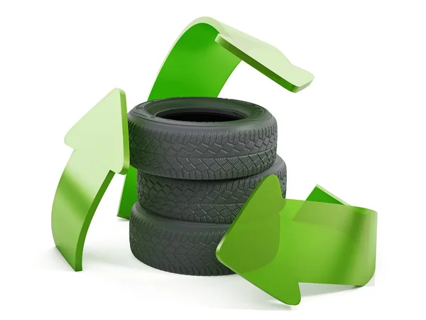 Символ "Recycle" вокруг использованных шин. 3D иллюстрация — стоковое фото