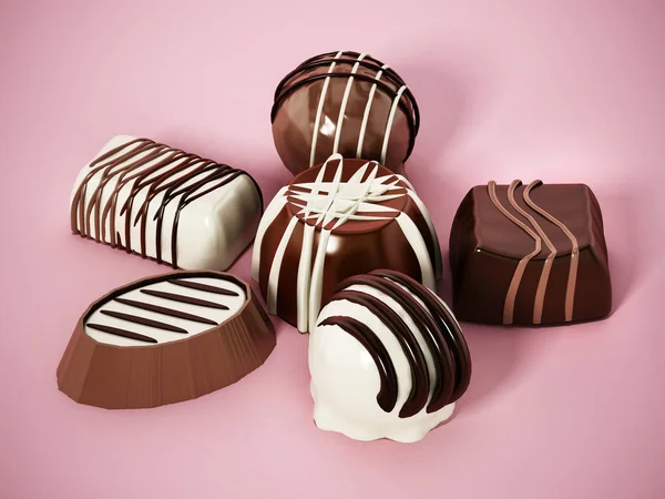 Assorted chocolates on pink background. 3D illustration — Stock Photo, Image