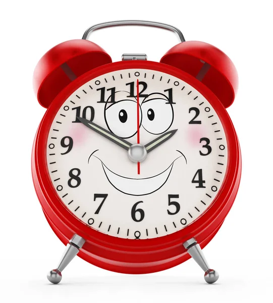 Reloj despertador con una cara sonriente aislada sobre fondo blanco. Ilustración 3D — Foto de Stock