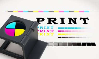Büyüteç ayakta renk testi kağıda yazdırma. 3D çizim