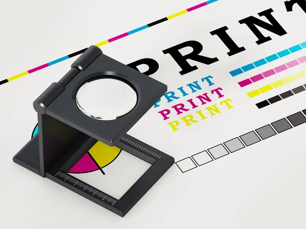 印刷颜色测试纸上的放大镜站。3d 图 — 图库照片