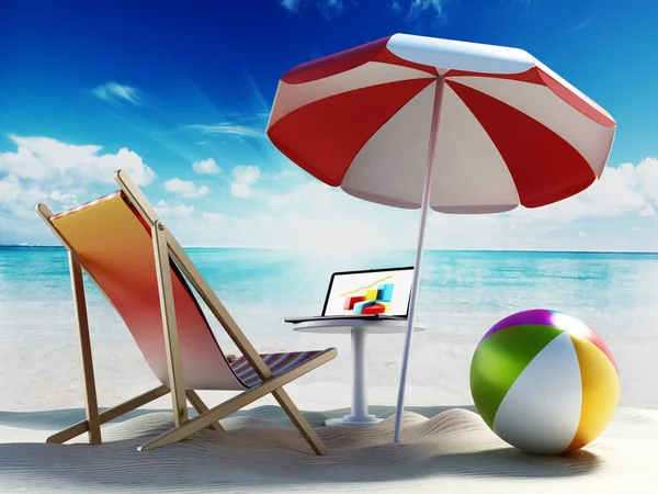 Guarda-chuva praia, espreguiçadeira, bola e laptop à beira-mar. Ilustração 3D — Fotografia de Stock
