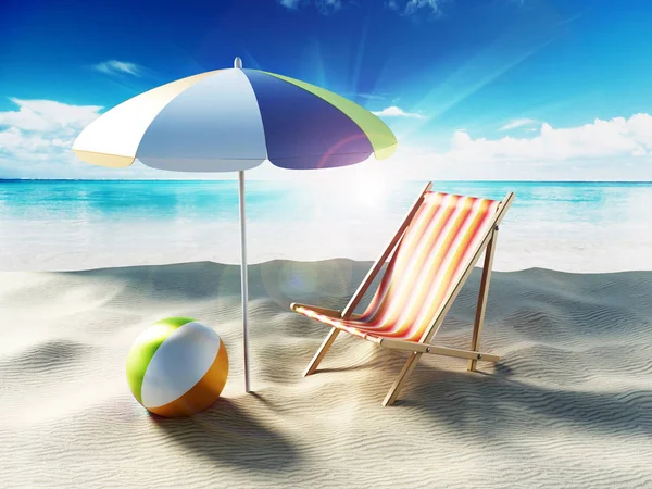 Plaj şemsiyesi, şezlong, top ve dizüstü seashore tarafından. 3D çizim