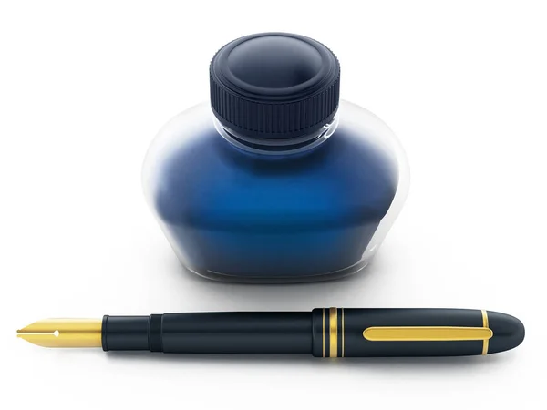 Flacon d'encre bleue et stylo isolés sur fond blanc. Illustration 3D — Photo