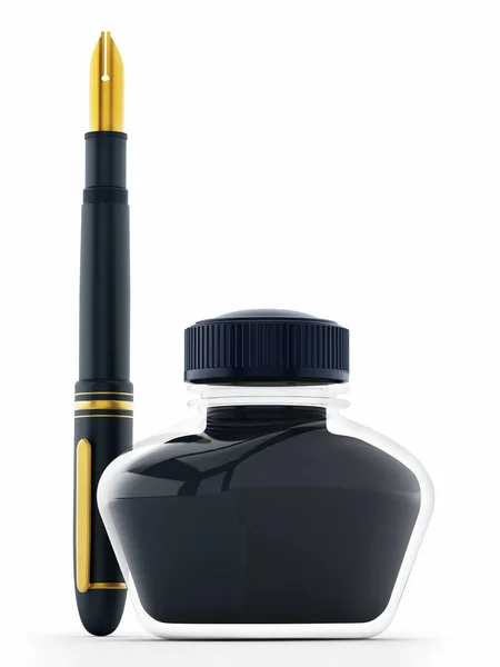 Blue ink bottle and pen isolated on white background. 3D illustration — Stock Photo, Image