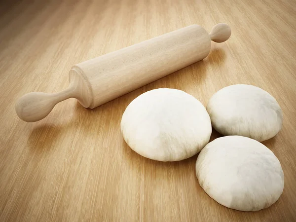 Rolling pin and fresh doughs standing on wooden table. 3D illustration — Stock Photo, Image