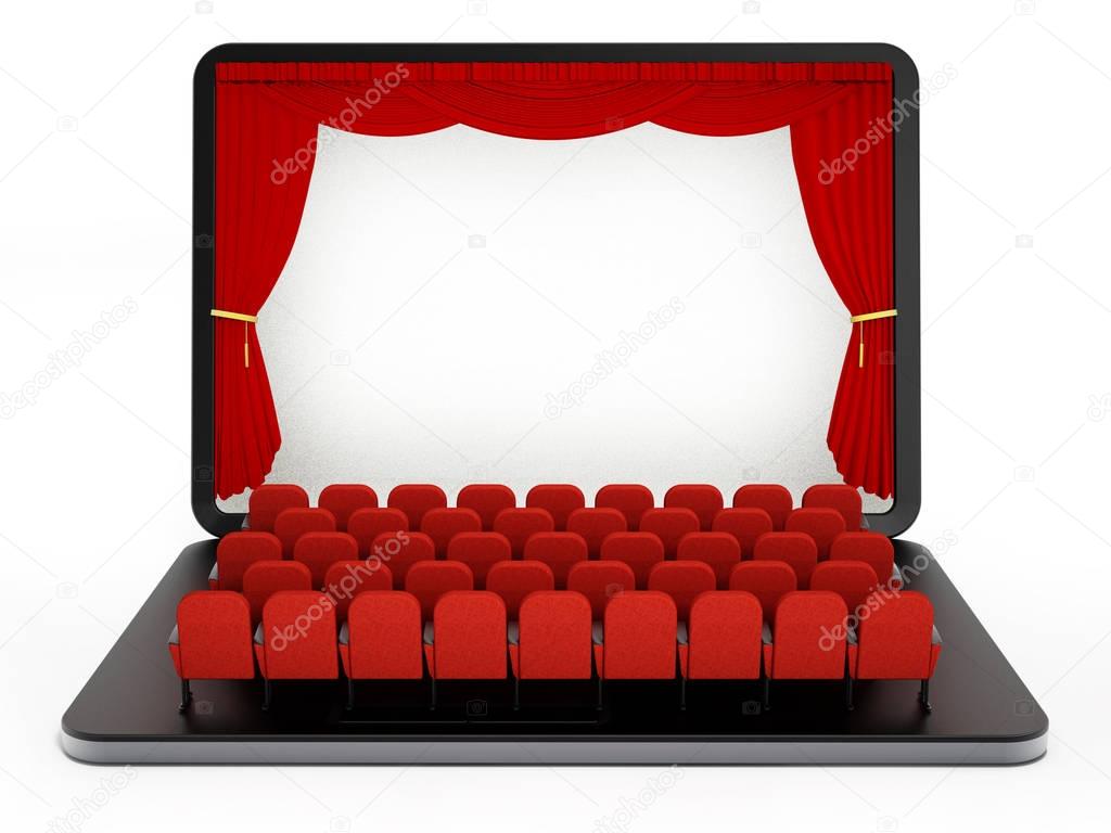 Red seats on laptop computer with blank screen. 3D illustration