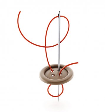 Dikiş iğnesi, ip ve düğme. 3D çizim