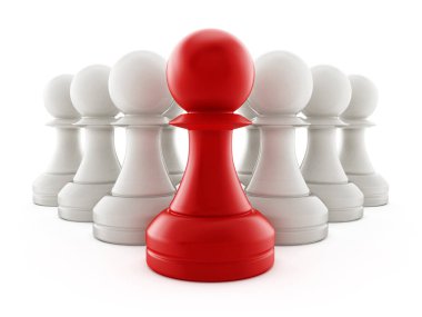 Kırmızı satranç ayakta beyaz piyon öncesinde rehin. 3D çizim