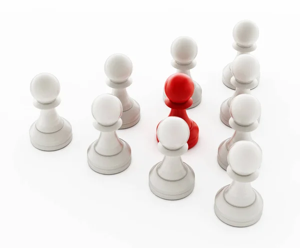 Красная шахматная пешка, стоящая впереди белых пешек. 3D иллюстрация — стоковое фото