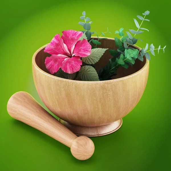 Habarcs, a mozsarat és a zöld háttér elszigetelt virág. 3D-s illusztráció — Stock Fotó