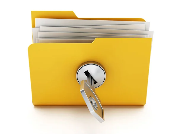 Key on locked yellow folder. 3D illustration — Stock Photo, Image