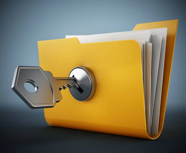 Κλειδί σε κλειδωμένο κίτρινο φάκελο. 3D απεικόνιση — Φωτογραφία Αρχείου