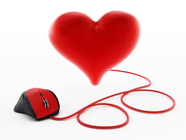 Red corded mouse connected to shiny heart. 3D illustration