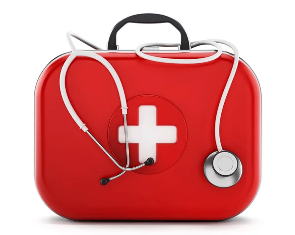 Stetoscopio in piedi sul kit di pronto soccorso. Illustrazione 3D — Foto Stock