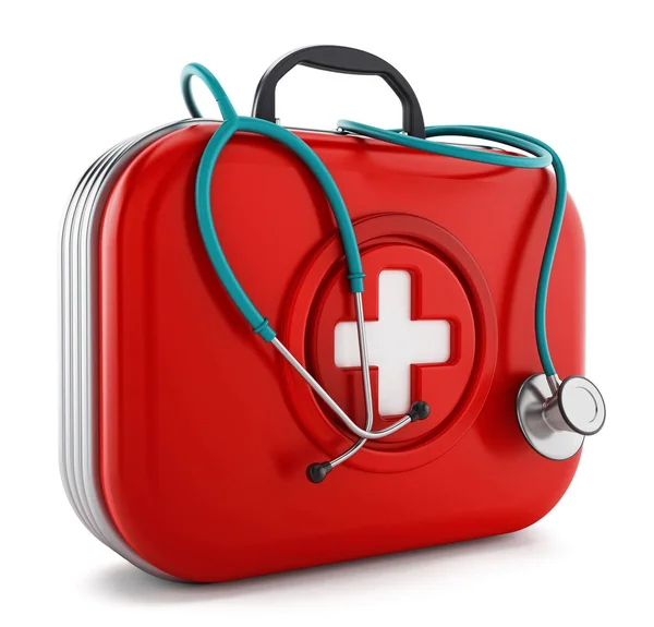 Stethoscope standing on first aid kit. 3D illustration — Stock Photo, Image