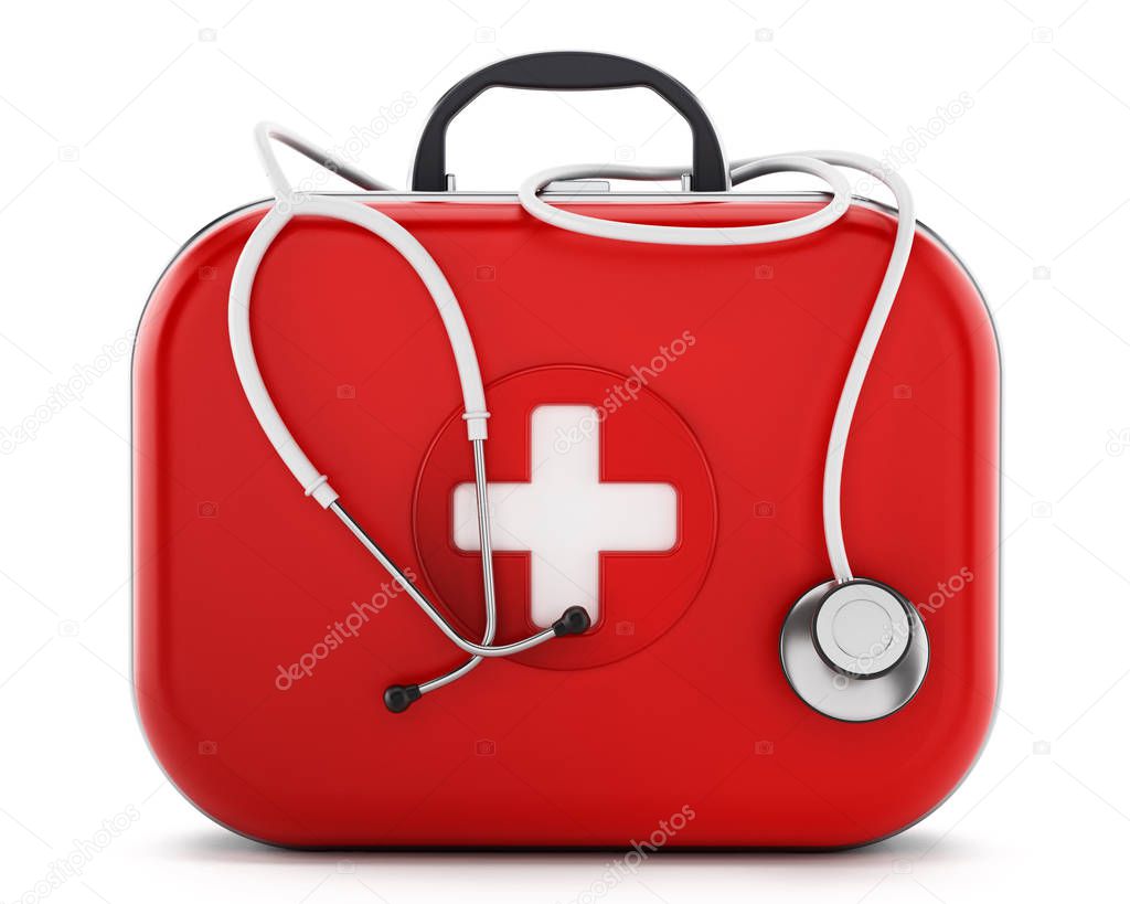 Pie de estetoscopio en botiquín de primeros auxilios. Ilustración 3D