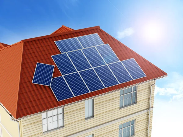 Solar panels being installed on building rooftop. 3D illustration — Stock Photo, Image