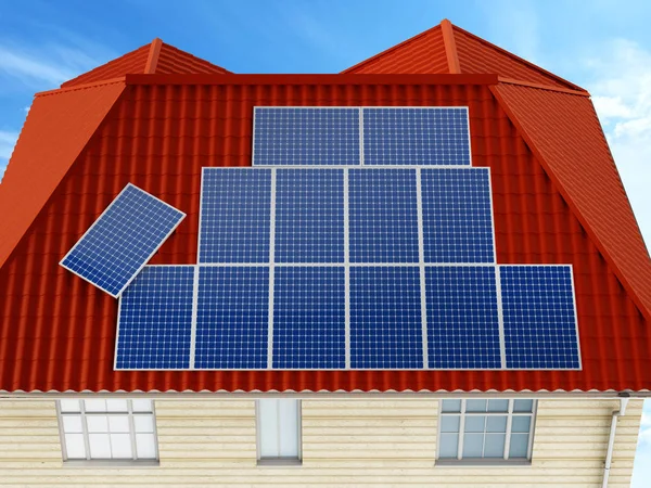 Solar panels being installed on building rooftop. 3D illustration — Stock Photo, Image