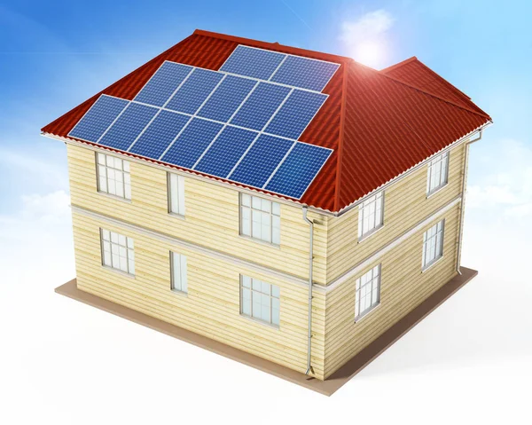 Solar panels being installed on building rooftop. 3D illustration — Stock Photo, Image