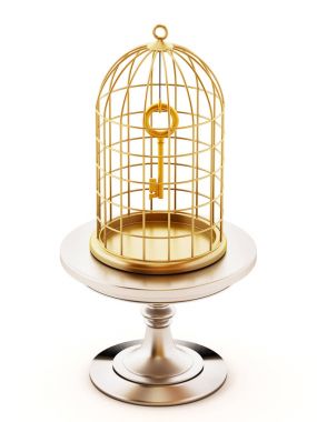 Altın anahtar kapalı kuş kafesi içinde. 3D çizim