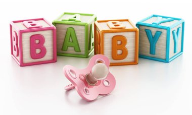 Renkli oyuncak küplerin bebek kelime şekillendirme. 3D çizim