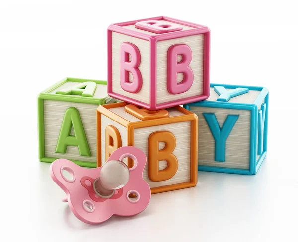 Színes játék kocka, baby szó. 3D-s illusztráció — Stock Fotó