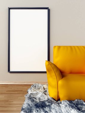 Boş tuval sarı koltuğun arkasındaki duvarda asılı. 3D çizim
