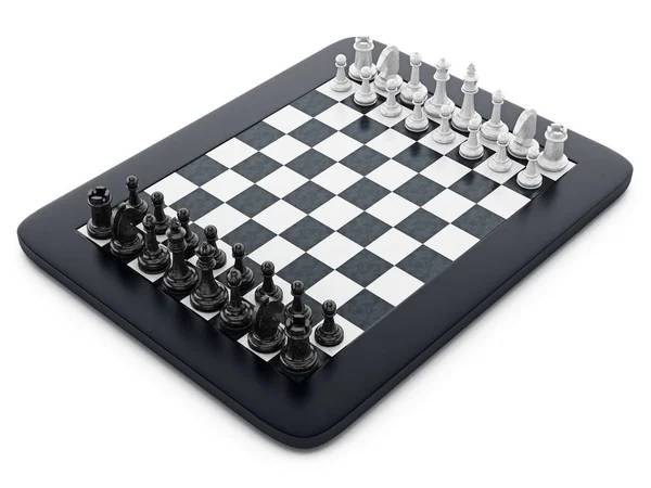 Fekete-fehér sakkfigurák állva tabletta számítógép. 3D-s illusztráció — Stock Fotó