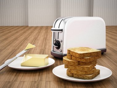 Tereyağı ve bıçak tost ve ızgara ekmek yanında. 3D çizim