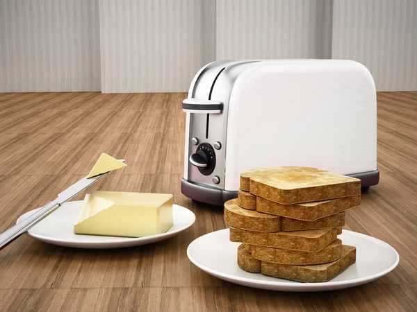 Масло і ніж поруч з тостером і смажений хліб. 3D ілюстрація — стокове фото