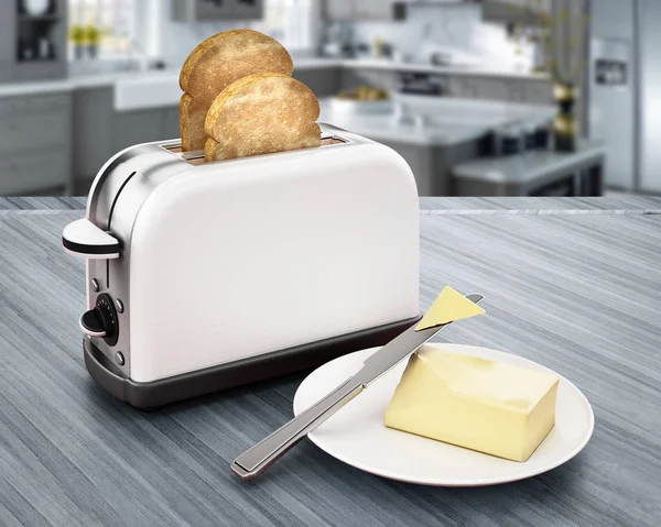 Масло і ніж поруч з тостером і смажений хліб. 3D ілюстрація — стокове фото