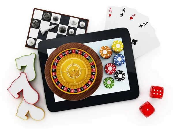 Tablette, cartes à jouer, roulette, jetons, dés . — Photo