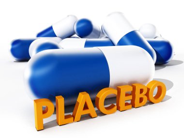 Beyaz arka plan üzerinde izole plasebo haplar. 3D çizim