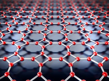 Parlak küreler altıgen ağ arka plan üzerinde. 3D çizim