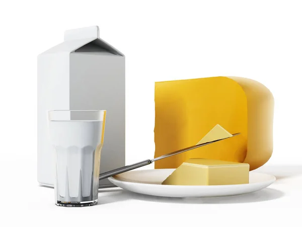 Молоко, сир і масло ізольовані на білому тлі — стокове фото